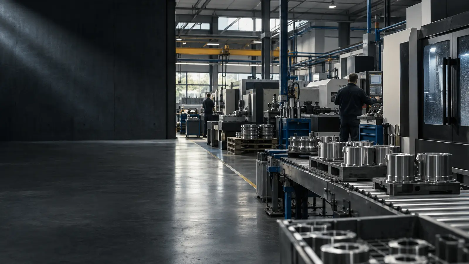 Un ambiente industriale dove persone, attività e strumenti lavorano in sequenza